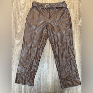 MARC NEW YORK Chocolate Brown Faux Leather Belted Straight Leg Pants Size:2